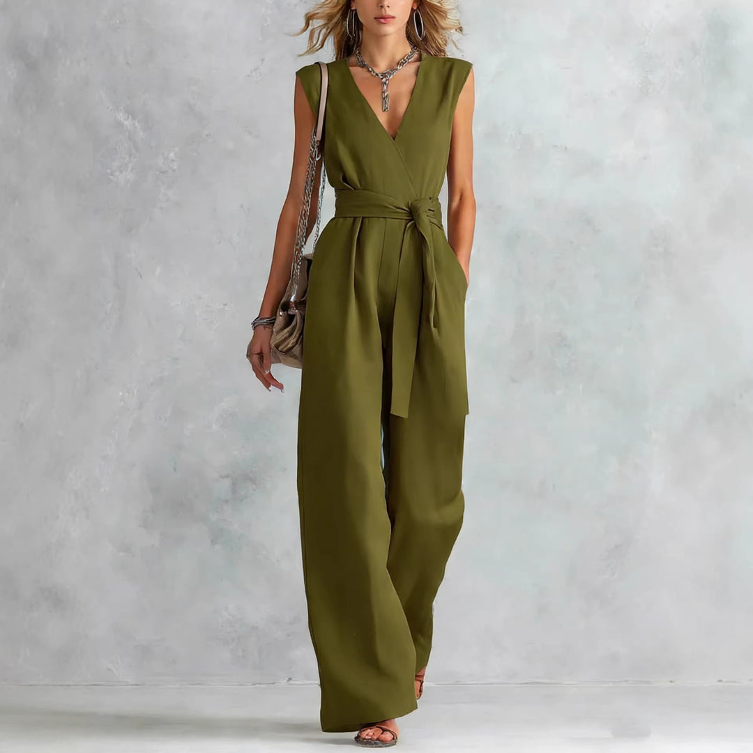Damen eleganter Wickel-Jumpsuit mit Taillengürtel Drune