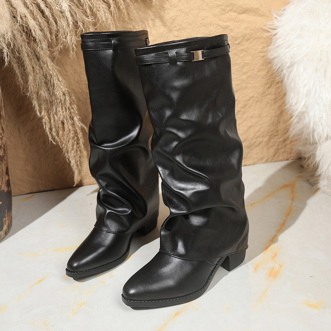 Damen Schaftstiefel aus softem Kunstleder mit lässigem Slouch‑Schaft und niedrigem Blockabsatz Drune