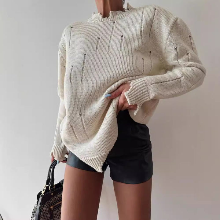Damen Oversized Grobstrickpullover mit Distressed-Details und geripptem Saum Drune