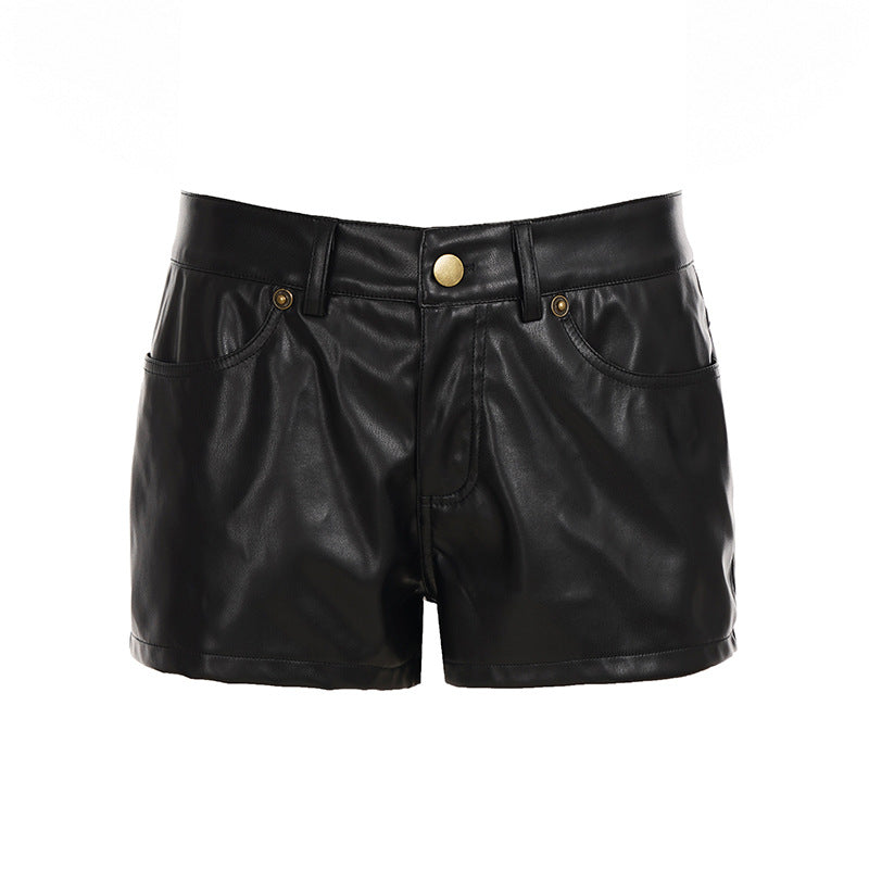 Damen Kunstleder Shorts mit hohem Bund und dekorativen Taschen Drune