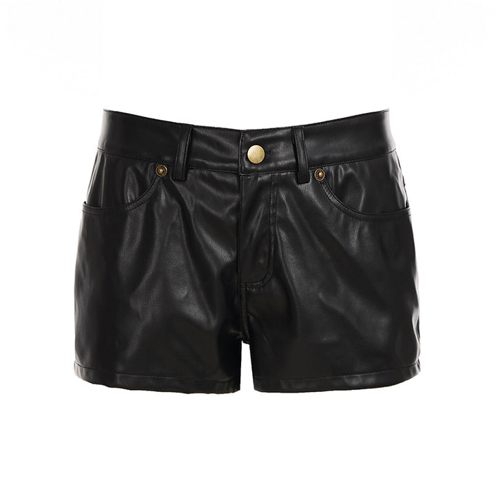 Damen Kunstleder Shorts mit hohem Bund und dekorativen Taschen Drune