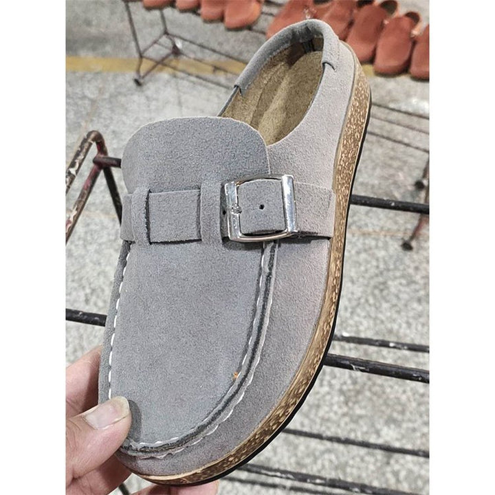 Damen Mokassin-Loafer aus Veloursleder mit Kork-Laufsohle und Zierschnalle Drune