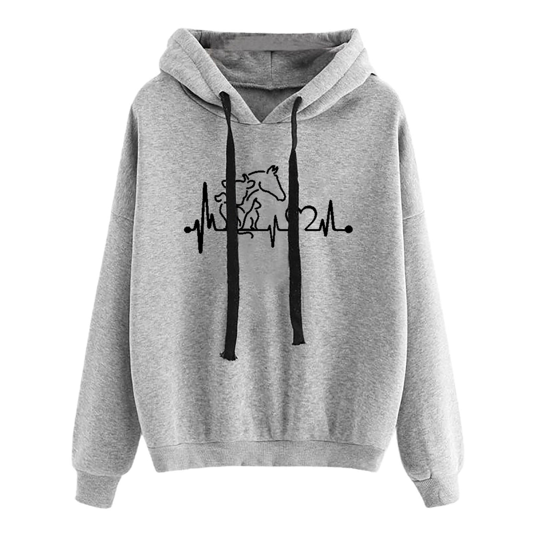 Damen nan leichter Oversize Kapuzenpullover mit Herz‑EKG‑Motiv, langen Kordeln und elastischem Bund Drune