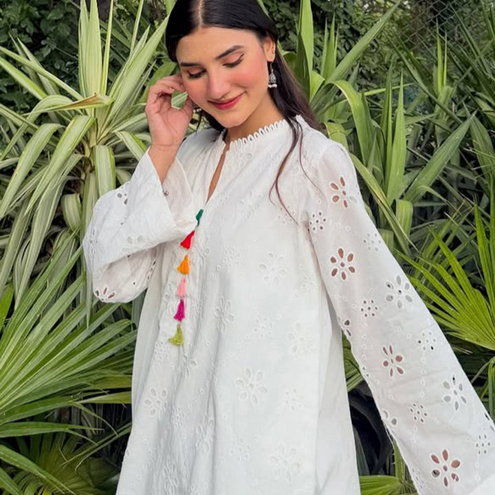 Damen Lockertes Tunika-Set mit Broderie Anglaise und weiten Pluderhosen Drune