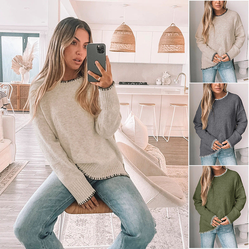 Damen Oversize Strickpullover mit Zierstichnaht, Rippbündchen und Rundhalsausschnitt Drune