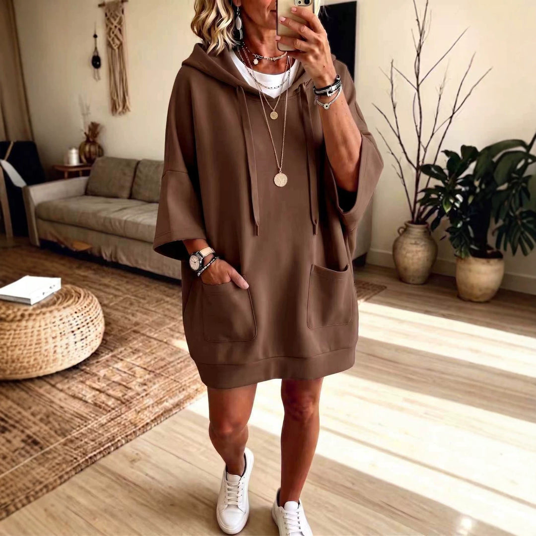 Damen Oversize Hoodie-Kleid mit Kängurutaschen und halblangen Ärmeln Drune