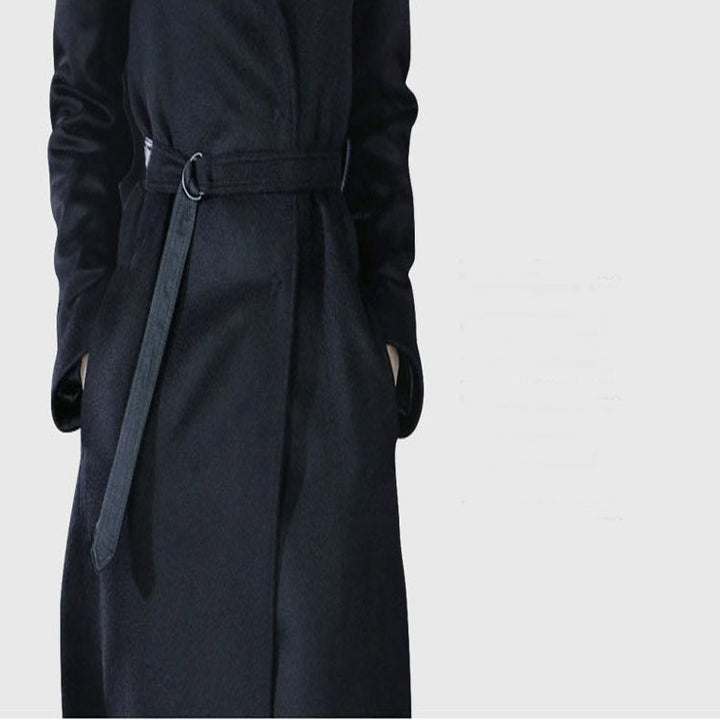Damen Maxilanger taillierter Wickel-Longcoat mit Schalkragen und feinem Bindegürtel Drune