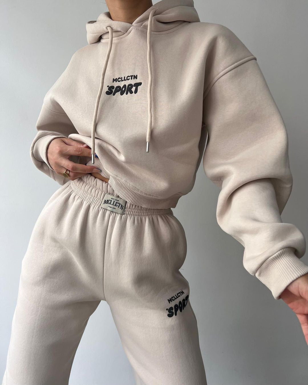 Damen Cropped Kapuzenpullover und High‑Waist Jogginghose Lounge‑Set aus Baumwollfleece Drune