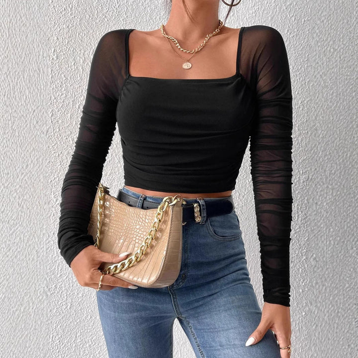 Damen Cropped Oberteil mit transparenten Ärmeln Drune
