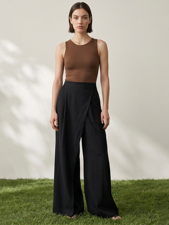Damen High‑Waist Wickel‑Palazzohose mit weitem Bein und fließender Leinenoptik Drune