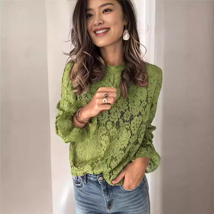 Damen Spitzenoberteil mit elegantem Blumenmuster und langen Ärmeln Drune