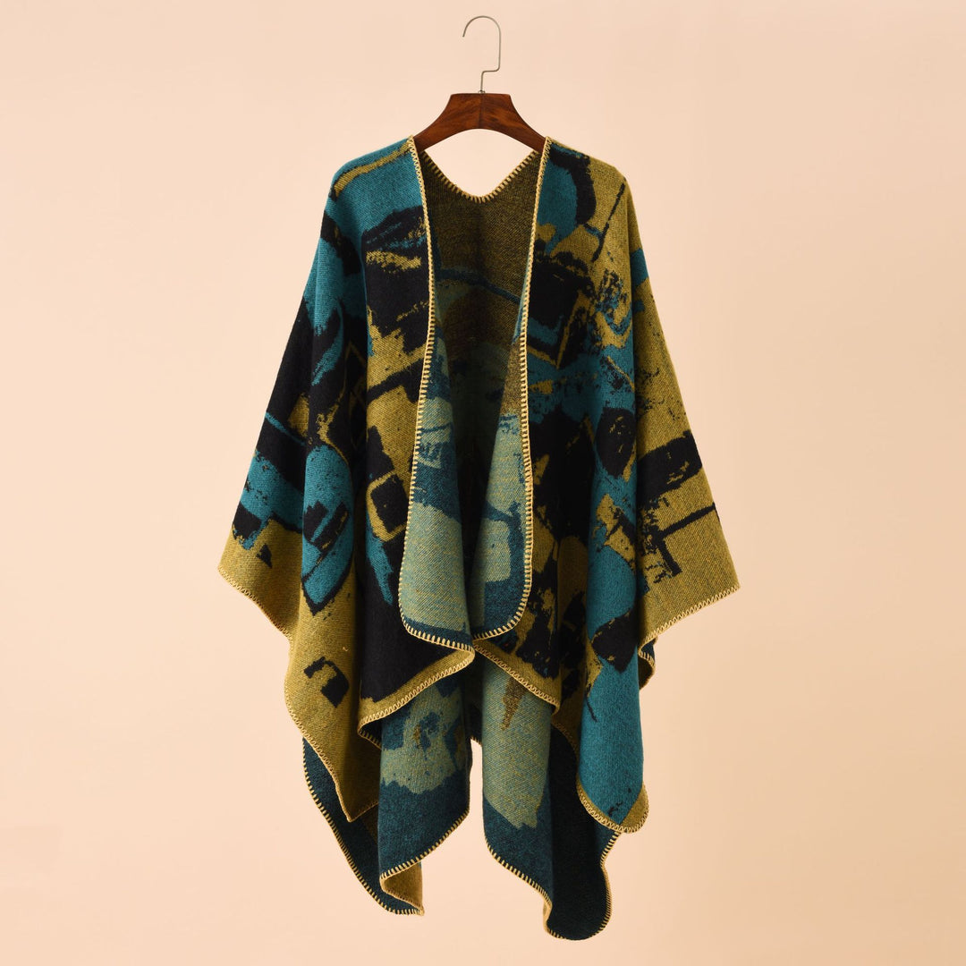 Damen Oversize-Umhangruana aus Wollmix mit abstraktem Jacquard und Zierstichkante Drune