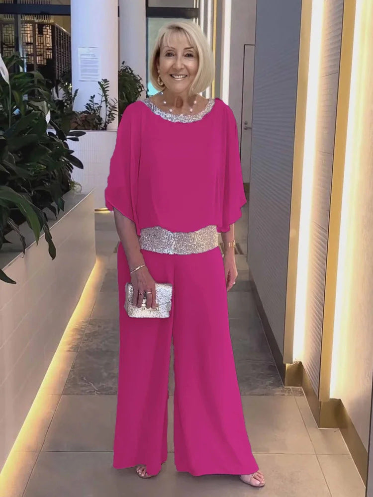 Damen Elegantes Zweiteiliges Abendensemble mit Chiffon-Cape, Paillettenbesatz und Palazzo-Hose Drune
