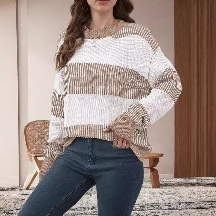 Damen lässiger Strickpullover mit breiten Streifen und weitem Schnitt Drune