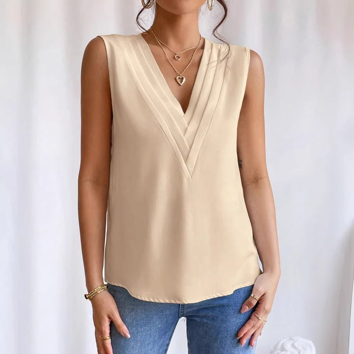 Damen Ärmellose Bluse mit plissiertem V-Ausschnitt und leichtem Satinfall Drune