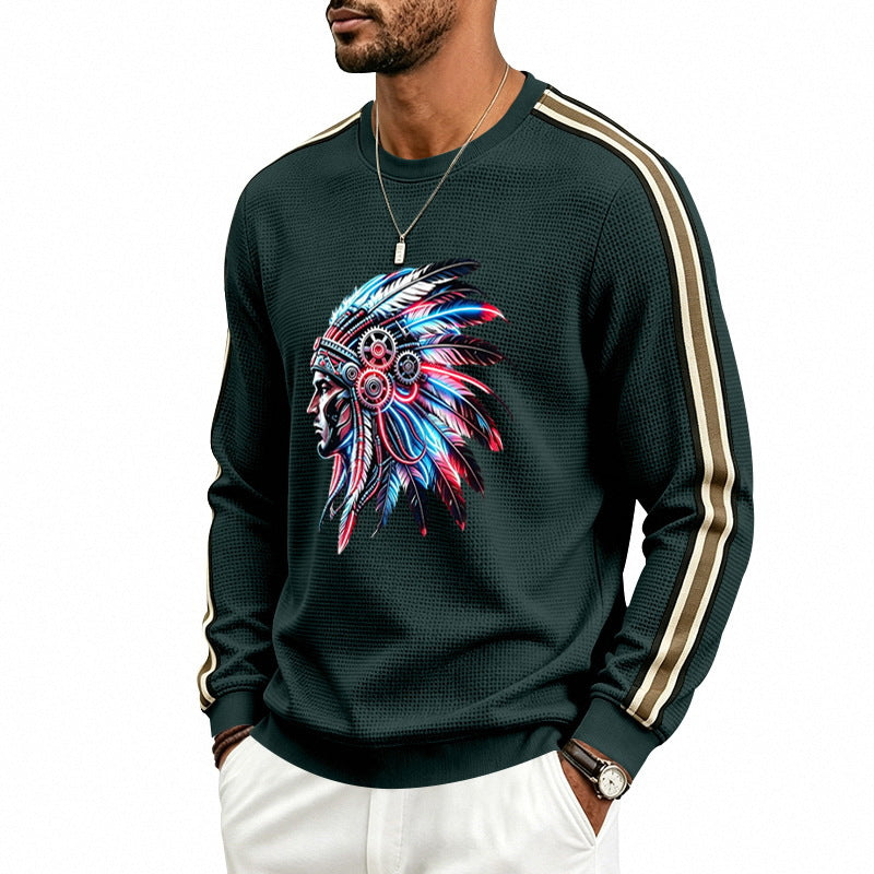 Herren Sweatshirt mit stilisiertem Kopfschmuck-Print und Kontraststreifen an den Ärmeln Drune