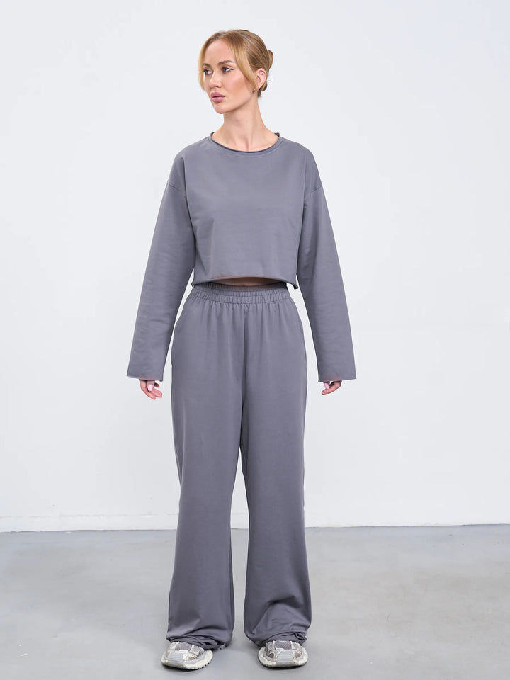 Damen Kurzgeschnittenes Sweatshirt und High-Waist Relax-Jogginghose Set Drune