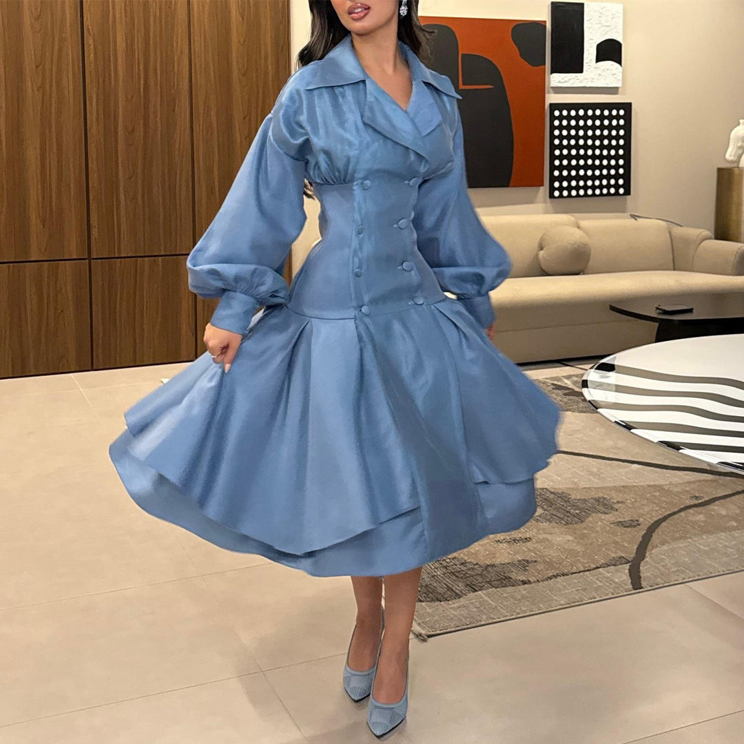 Damen Vintage-inspiriertes A-Linien-Kleid mit eleganten Puffärmeln und Knopfleiste Drune