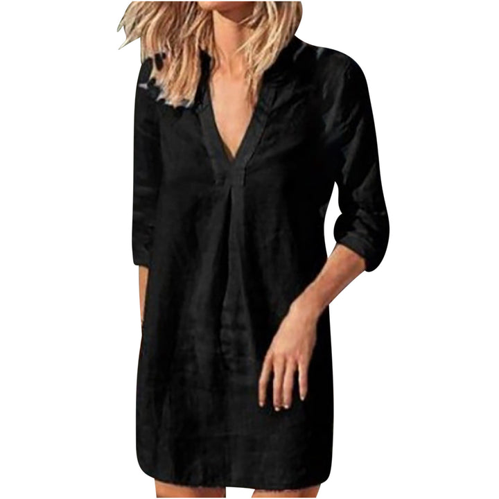 Damen nan Leinen Tunika Kleid mit V-Ausschnitt knielang lockere A-Linie Drune