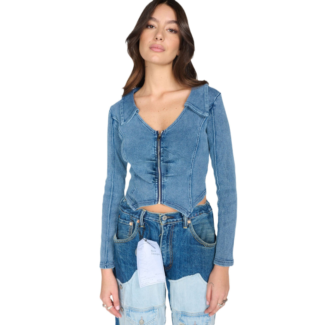 Damen tailliertes Jeansjacke mit Reißverschluss Drune