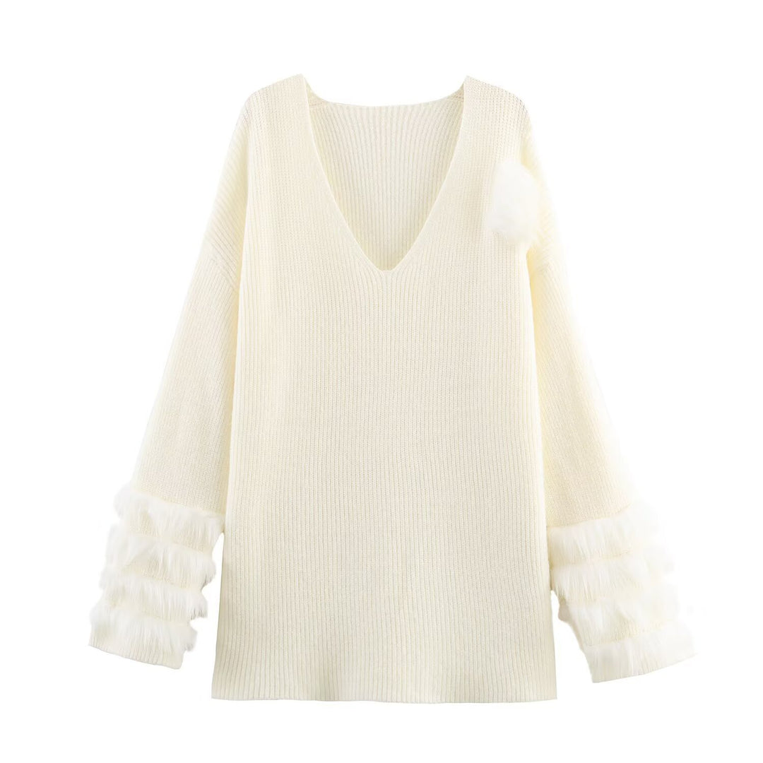 Damen Feinstrick-Minikleid mit tiefem V-Ausschnitt und gestuften Faux-Fur-Ärmeln Drune