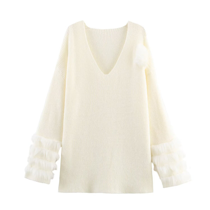 Damen Feinstrick-Minikleid mit tiefem V-Ausschnitt und gestuften Faux-Fur-Ärmeln Drune