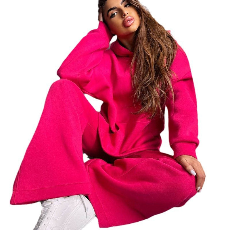 Damen Scuba-Fleece Lounge-Set mit Oversize-Kapuzenpullover und weiter Flare-Hose Drune