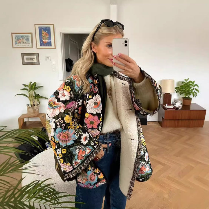 Damen Umhängemantel mit floralem Design und kuscheliger Innenausstattung Drune
