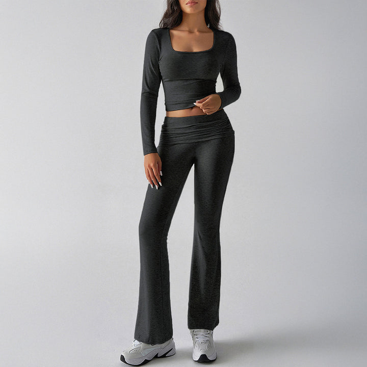 Damen nan figurbetontes Cropped-Set mit langärmeligem Top mit quadratischem Ausschnitt und ausgestellter High‑Waist Yoga-Hose Drune