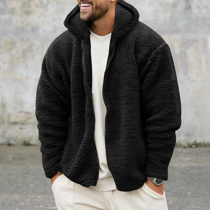 Herren nan Sherpa-Fleece Kapuzenjacke mit durchgehendem Reißverschluss und Ärmel-Tasche Drune