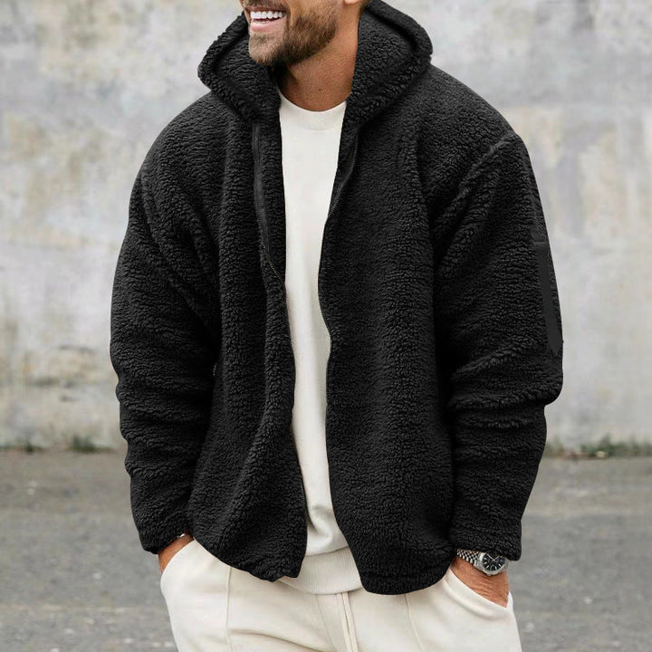 Herren nan Sherpa-Fleece Kapuzenjacke mit durchgehendem Reißverschluss und Ärmel-Tasche Drune