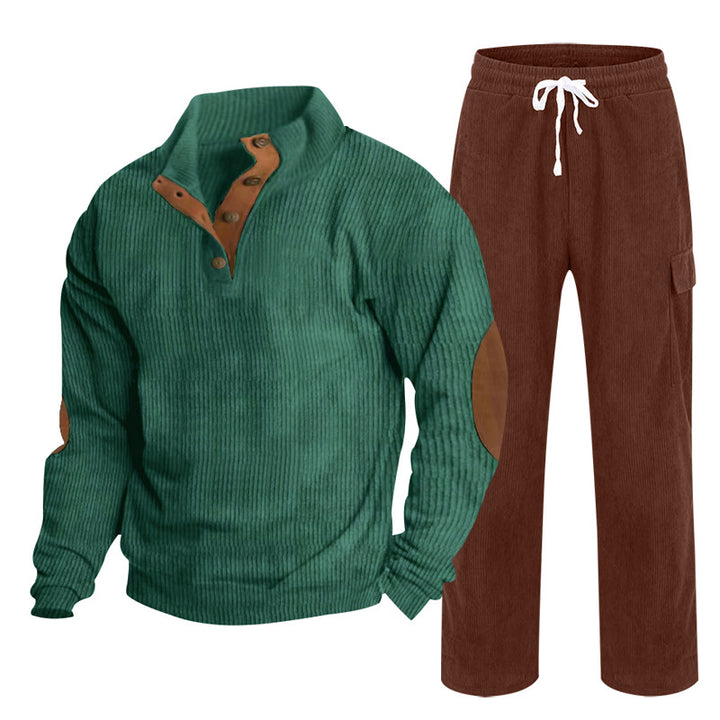 Herren Gemütliches Freizeit-Set aus Waffelstrick-Henley mit Ellenbogenpatch und Relax-Cargo-Hose Drune