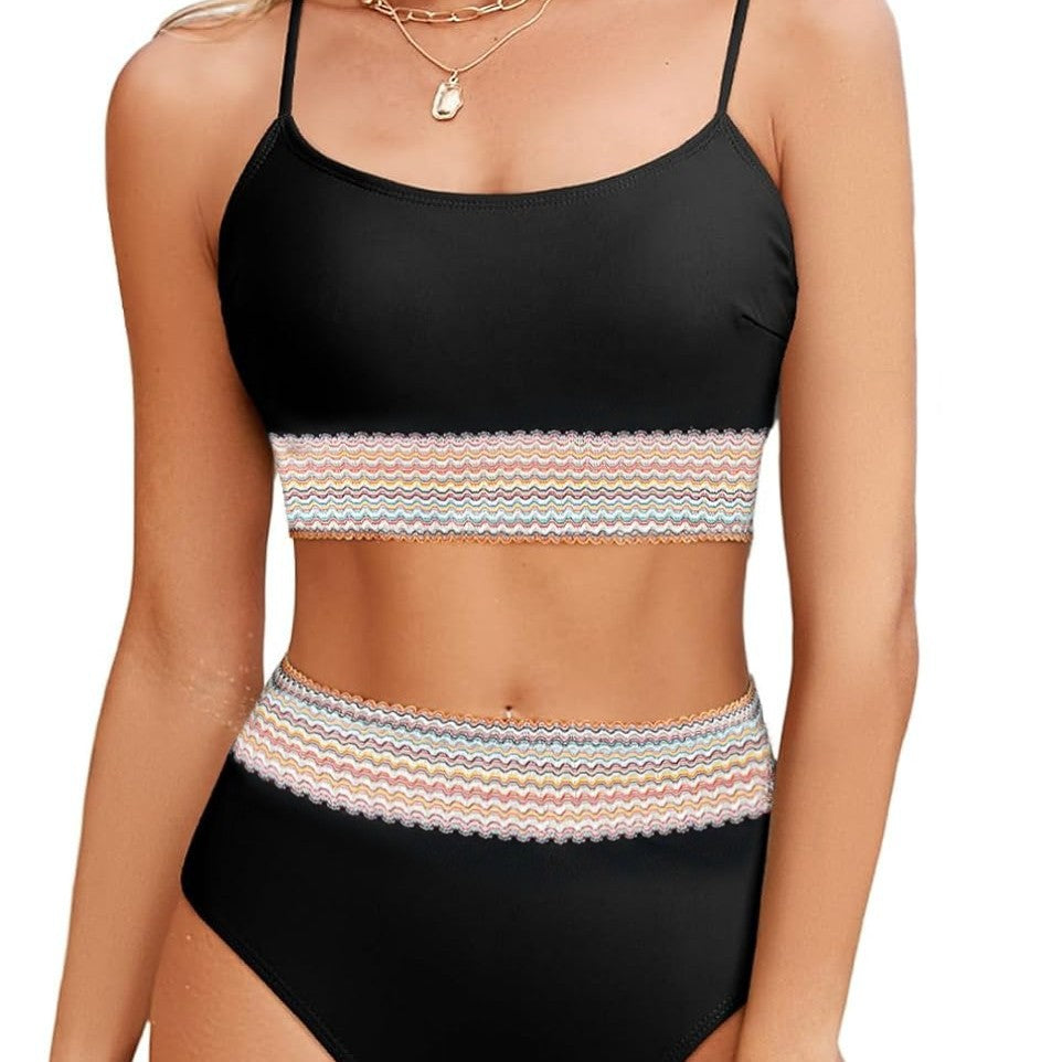 Damen Sportliches Bikini-Set mit hohem Bund und buntem Wellenmuster Drune