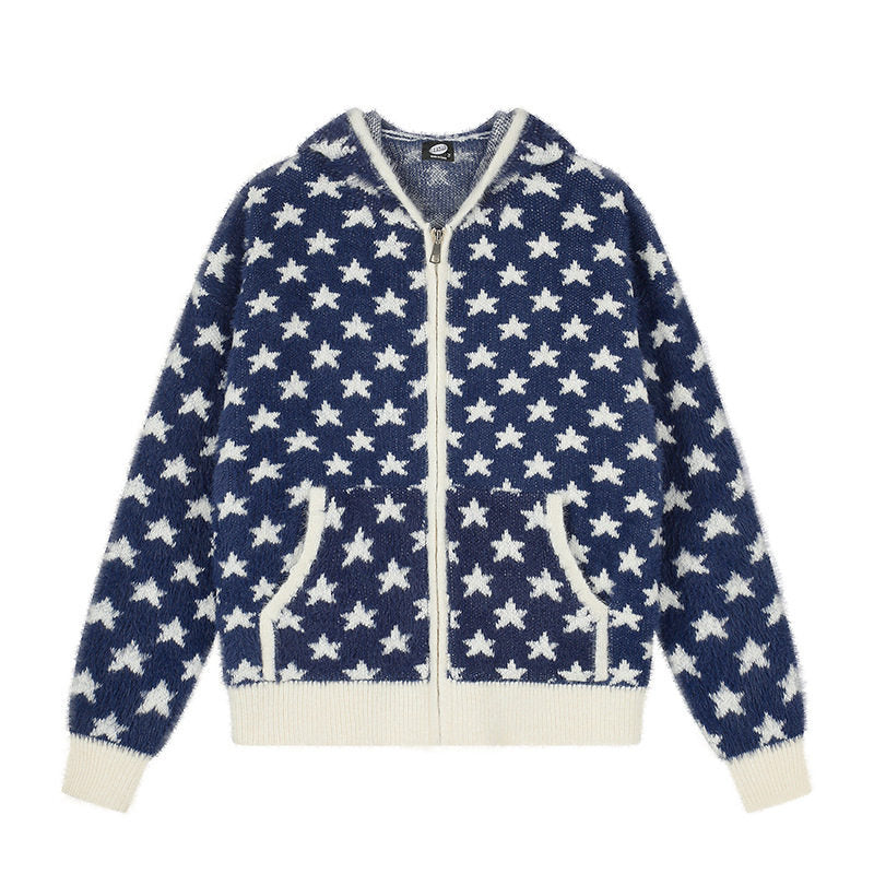 Damen Flauschige Strick-Zipjacke mit Allover-Sternmuster, Kängurutaschen und Rippbündchen Drune
