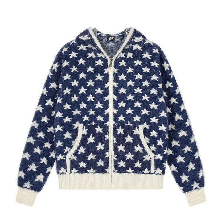 Damen Flauschige Strick-Zipjacke mit Allover-Sternmuster, Kängurutaschen und Rippbündchen Drune