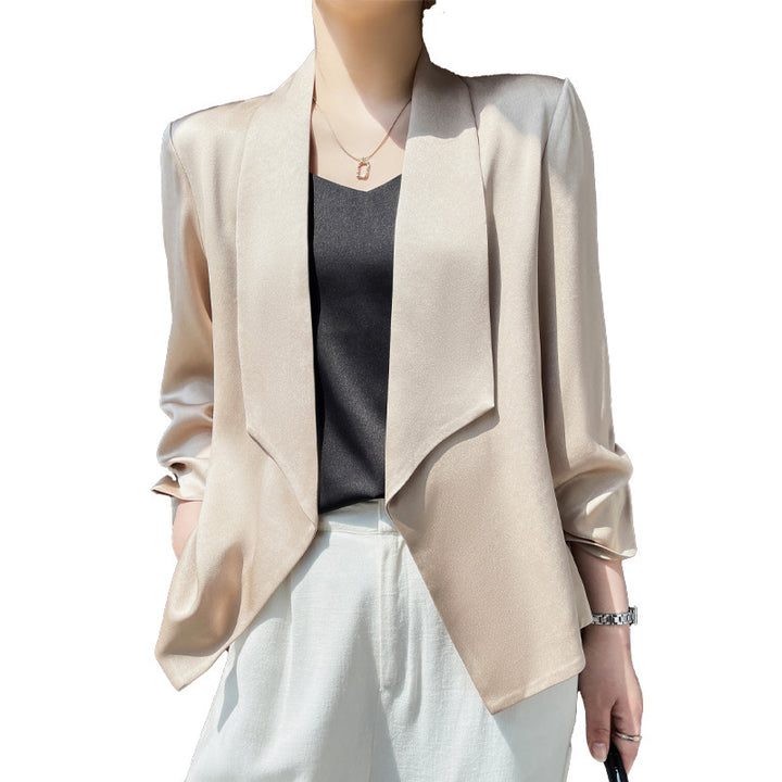 Damen Schalkragen-Blazer mit Satinbesatz, offener Front und legerer Kurzform Drune