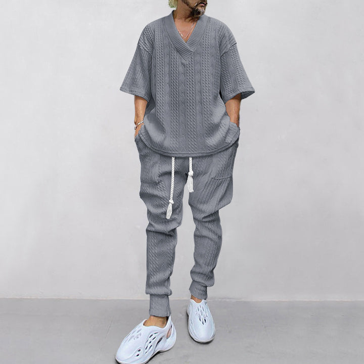 Herren nan lässiges Strickset mit V-Ausschnitt und Kordelzug-Joggerhose Drune