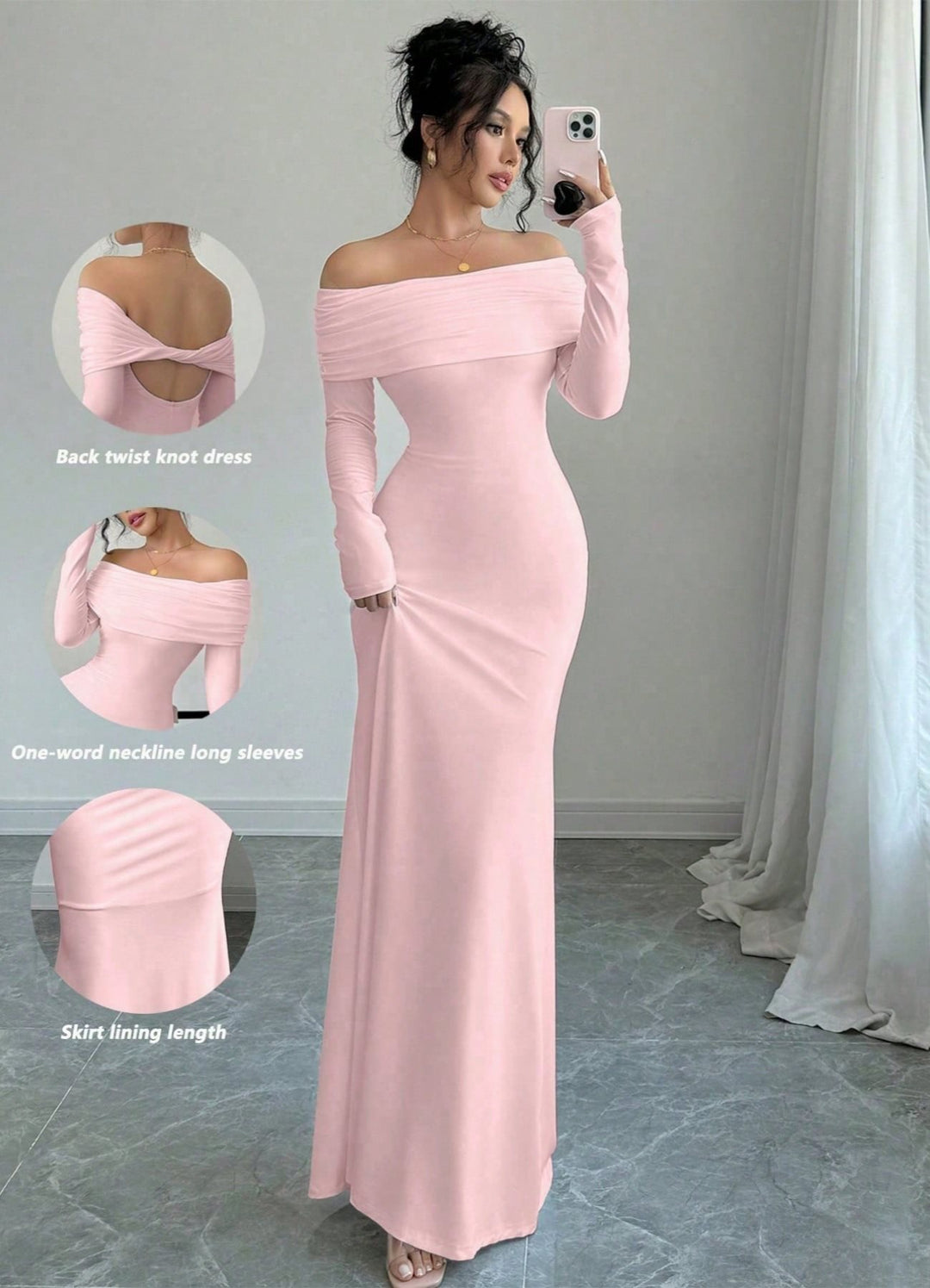 Damen elegantes Schulterfreies Langarm-Maxi-Kleid mit raffinierten Rückendetails Drune