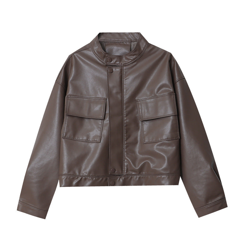 Damen modische Kunstlederjacke im sportlichen Schnitt mit praktischen Taschen Drune