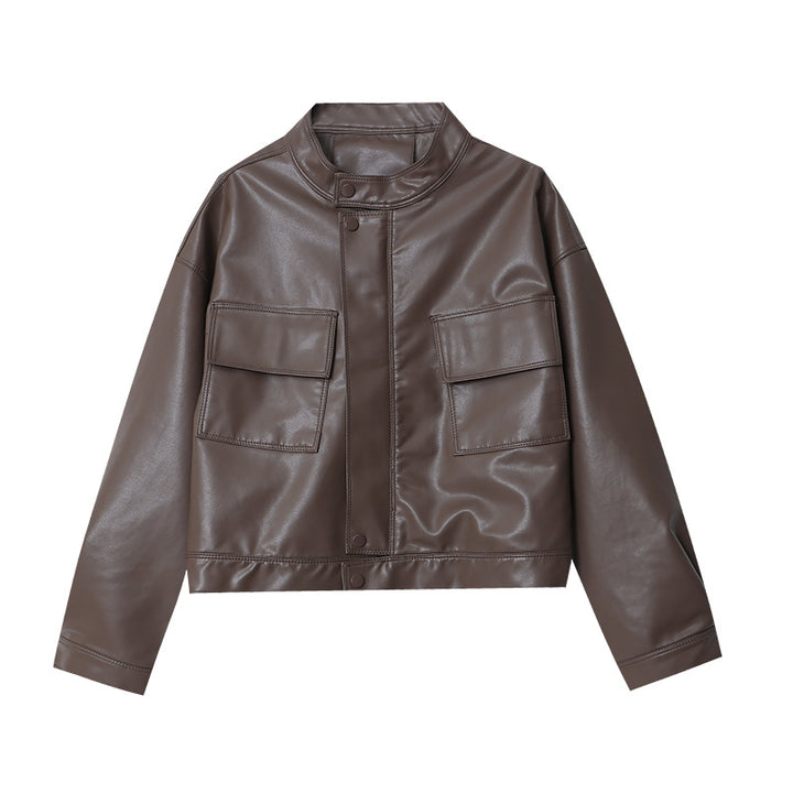 Damen modische Kunstlederjacke im sportlichen Schnitt mit praktischen Taschen Drune