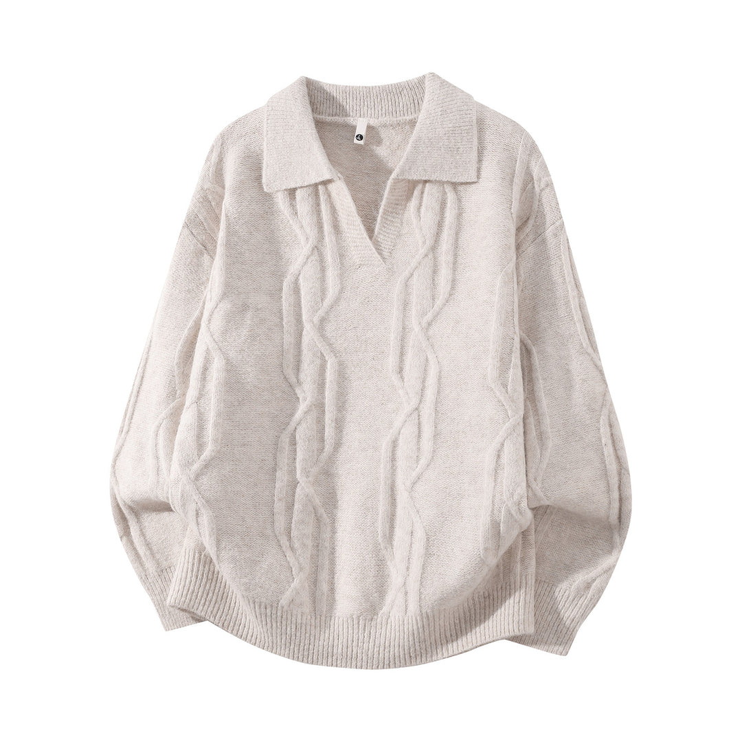 Damen Oversize Mohair‑Optik Zopfstrickpullover mit Polokragen und V‑Ausschnitt Drune