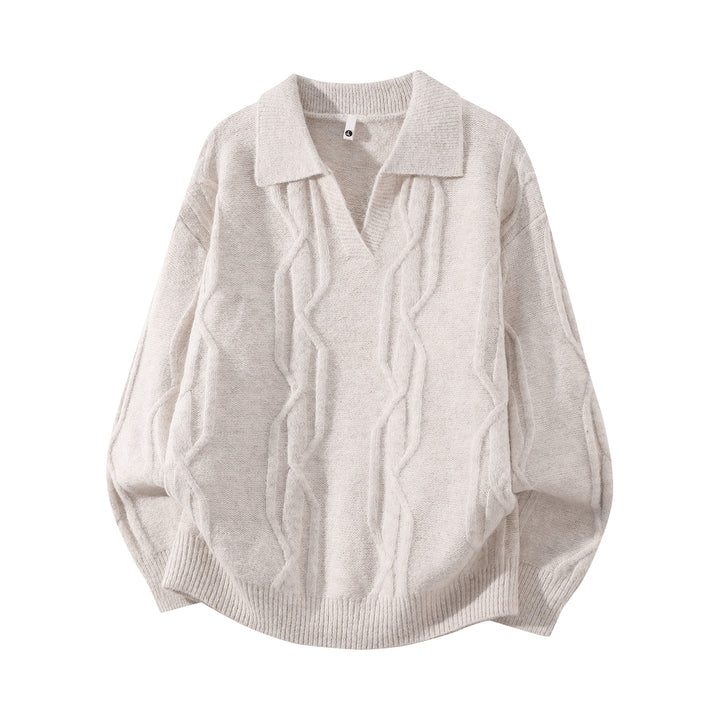 Damen Oversize Mohair‑Optik Zopfstrickpullover mit Polokragen und V‑Ausschnitt Drune