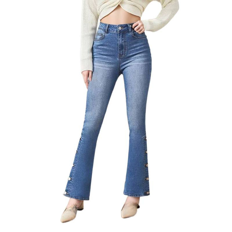 Damen Bootcut Jeans mit dekorativen Knopfdetails Drune