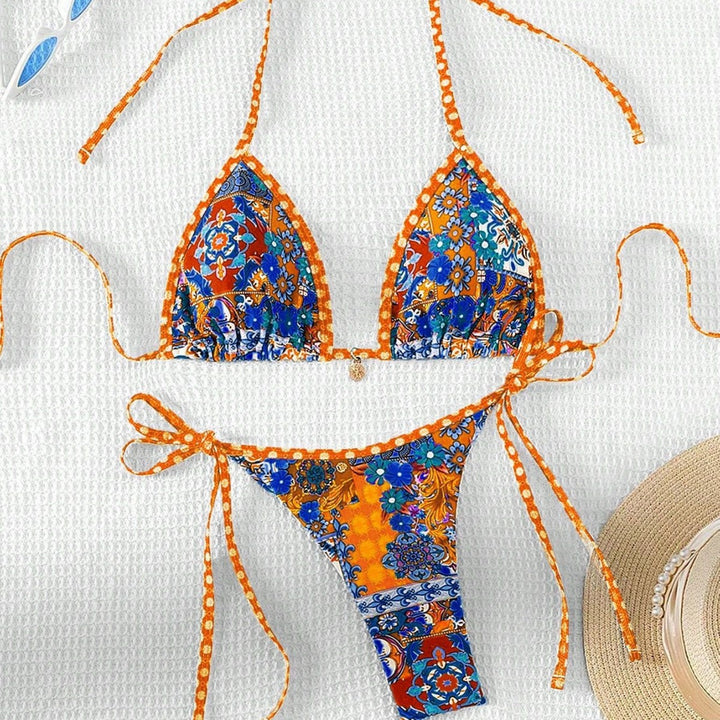 Damen Triangel-Bikini mit buntem floralen Muster und verstellbaren Bändern Drune