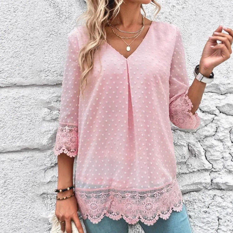 Damen nan feminine Chiffon-Tunika mit Pünktchenrelief, V-Ausschnitt und Häkelspitzenbesatz Drune