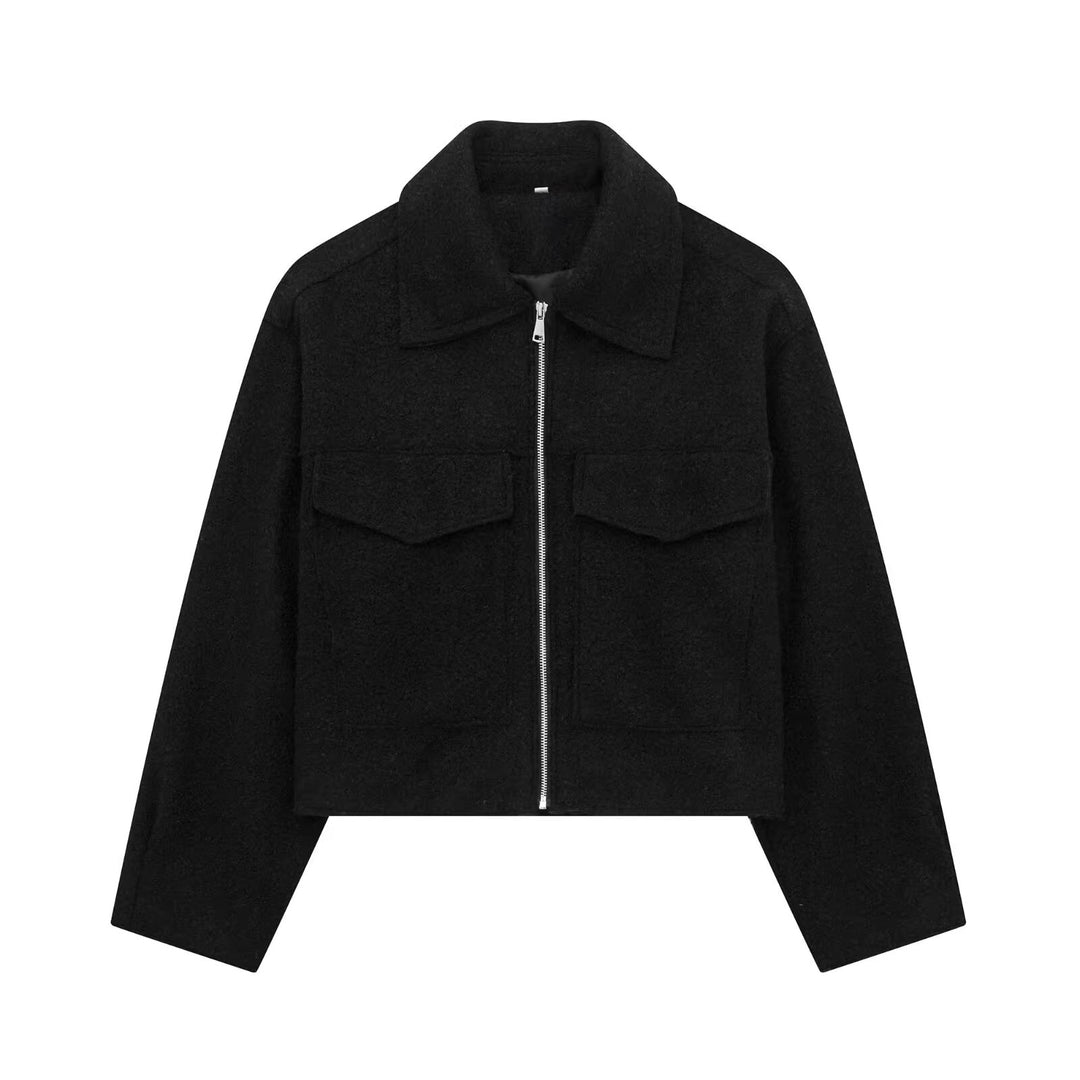 Damen Kurzgeschnittene Sherpa-Jacke mit Reißverschluss und aufgesetzten Pattentaschen Drune