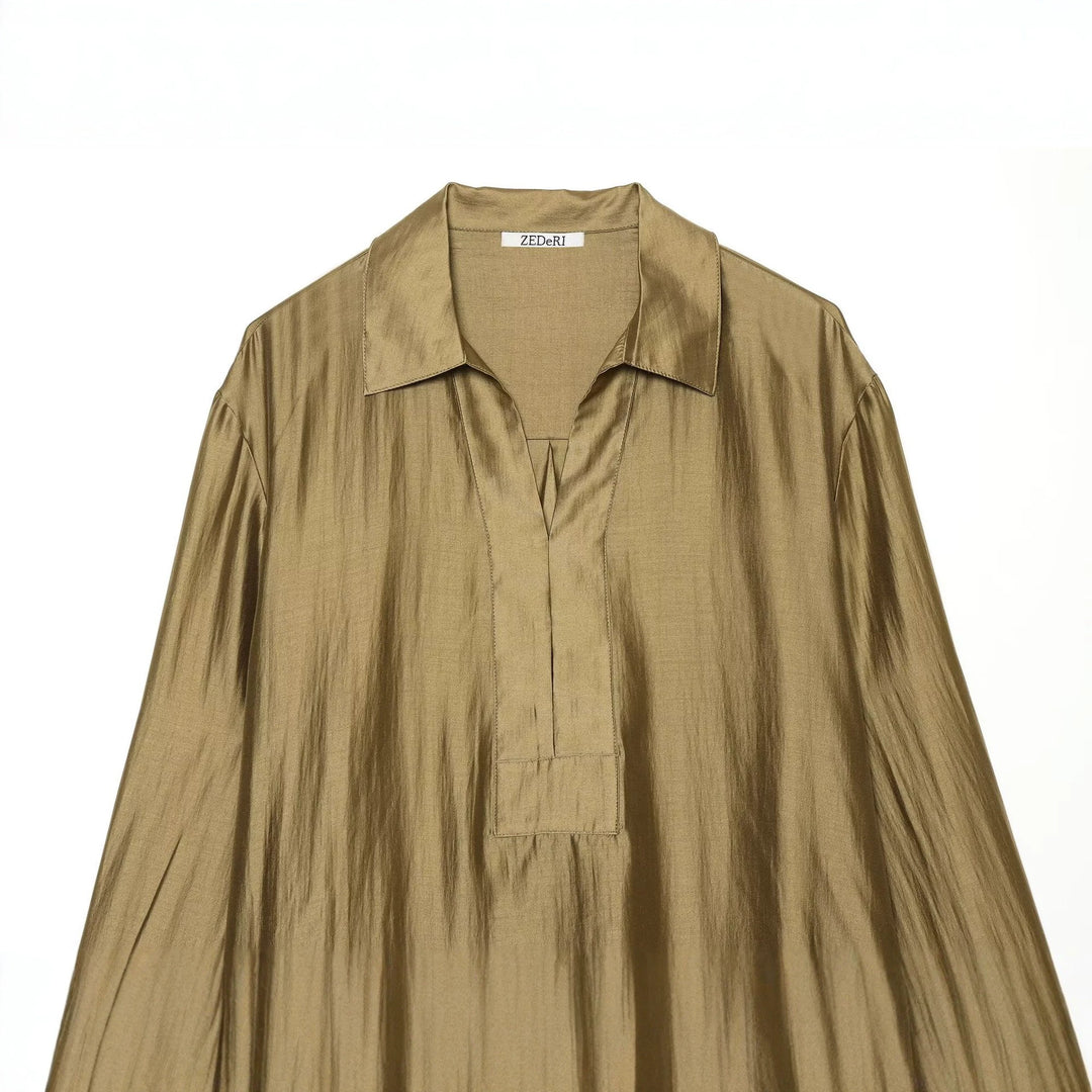 Damen Oversize Tunika Bluse aus schimmernder Crêpe‑Optik mit Hemdkragen und V‑Ausschnitt Drune