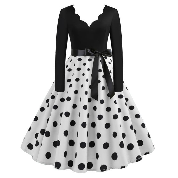 Damen Vintage Tellerkleid mit gewelltem V-Ausschnitt, tailliertem Satinband und langen Ärmeln Drune