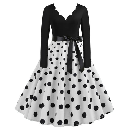 Damen Vintage Tellerkleid mit gewelltem V-Ausschnitt, tailliertem Satinband und langen Ärmeln Drune