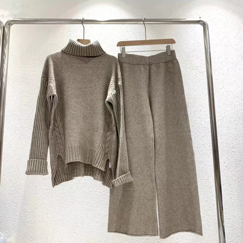 Damen modisches Strickset mit hohem Kragen und weitem Bein Drune